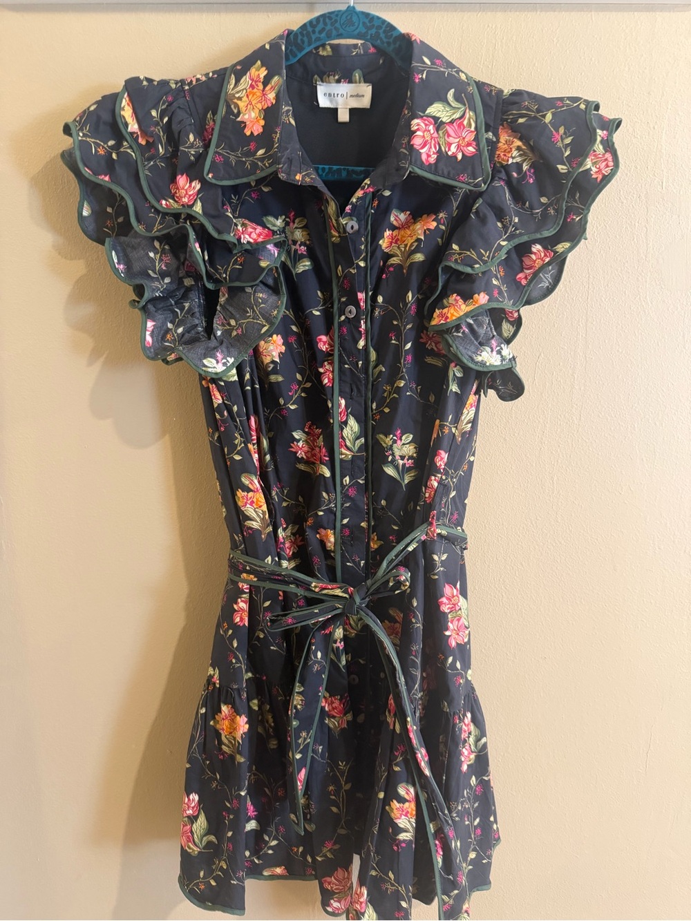 entro Navy Floral Ruffle Belted Dress with Pink & Yellow Blooms